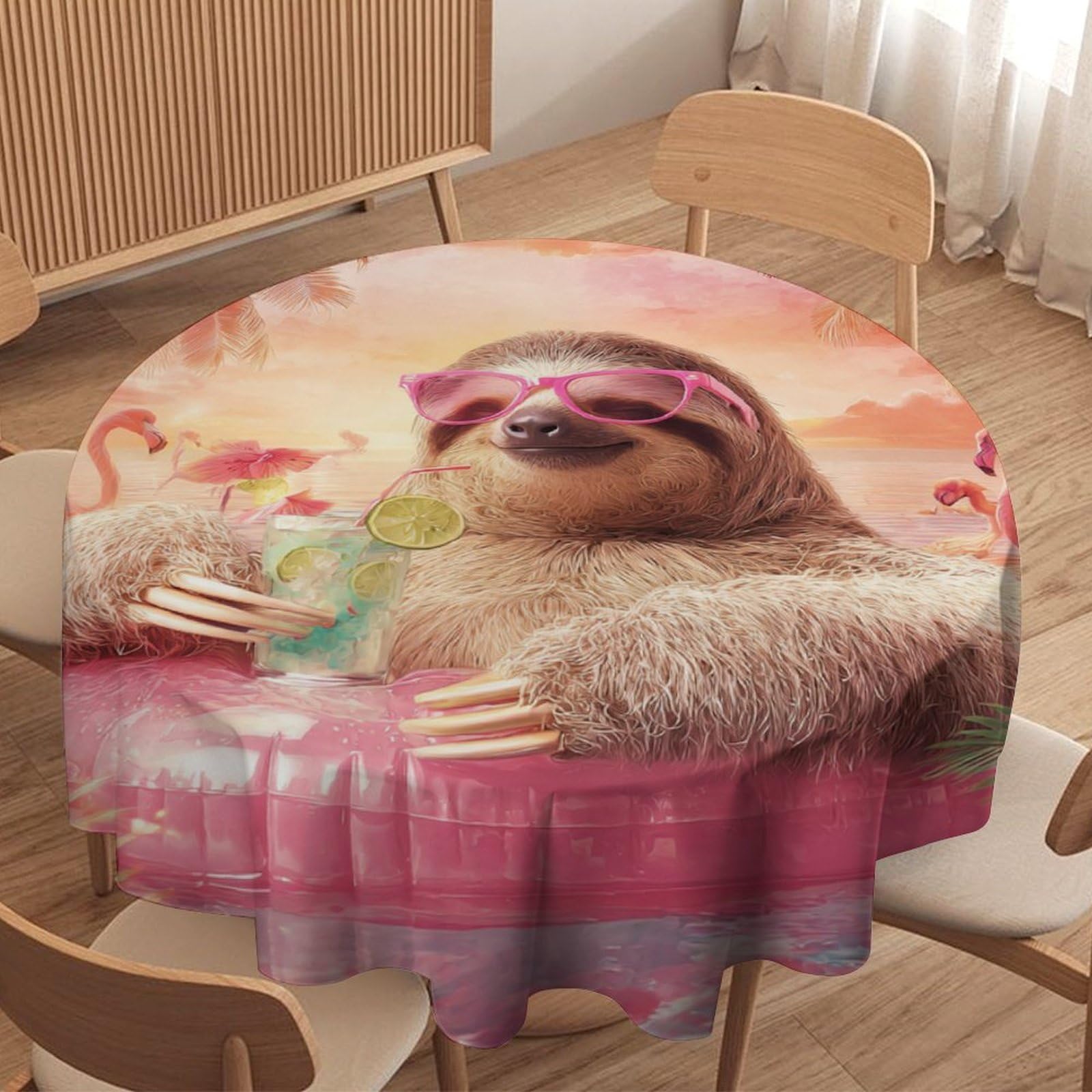 LUYYSKY Cute Funny Sloths Round Tablecloth Retro Realistic Summer Tropical Palm Trees Animals Sloths Flamingos Washable Decor for Table Cover for Kitchen-127 Wx127 L cm