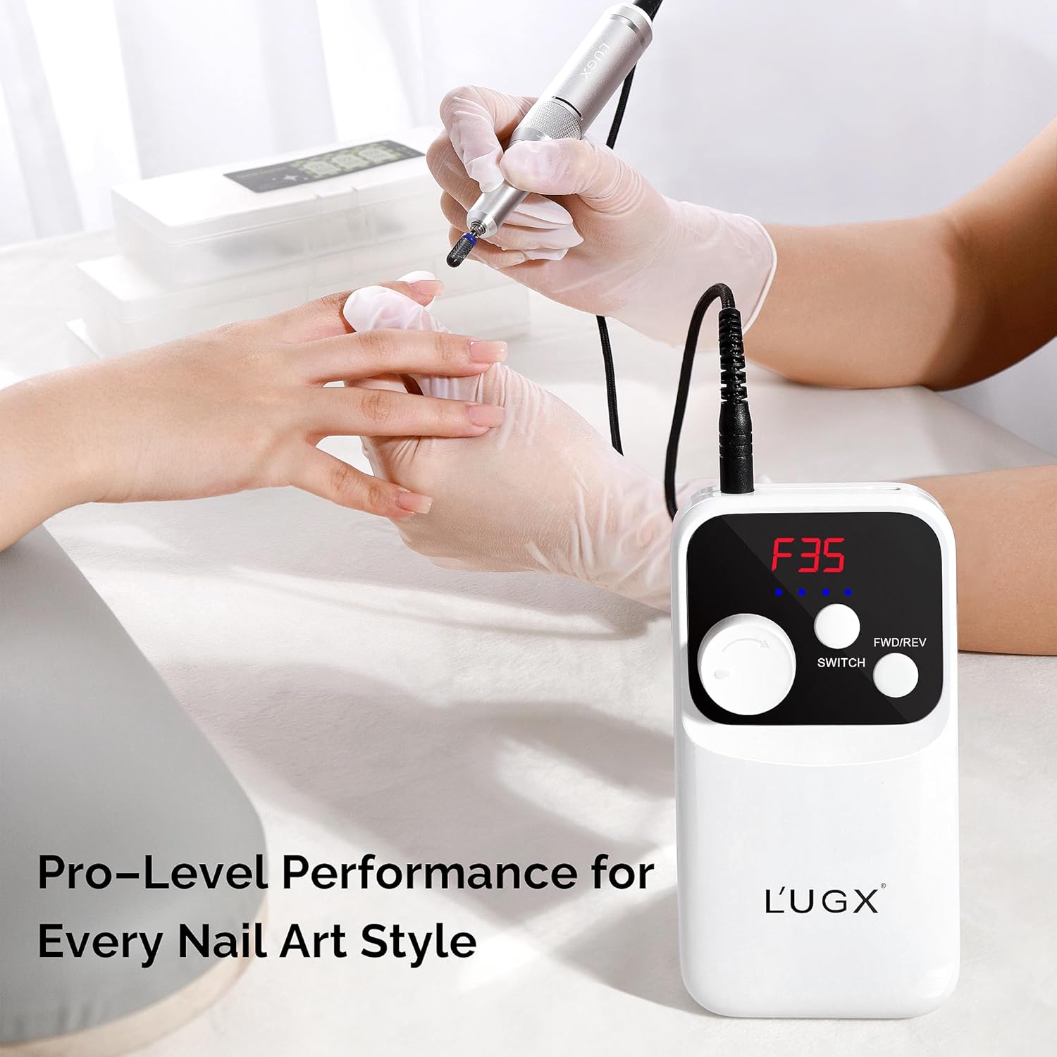 L'UGX Nail Drill Machine 35000RPM – Rechargeable Electric Nail File with LED Display, Portable Efile Nail Drills for Acrylic Gel Nails, Cordless Nails Drill for Beginners & Pros-White