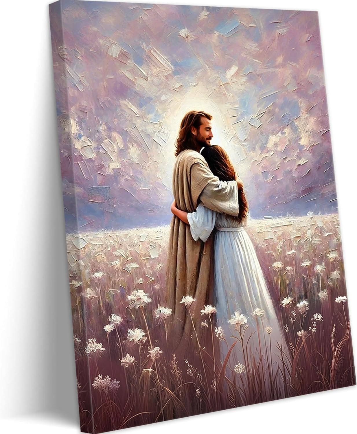 BingruiArt Jesus Hugging Girl Wall Art Jesus Embracing Woman Canvas Purple Painting Christian Decor Love of Christ Picture God Print Poster for Prayer Room Home Office Church 12x16in Framed