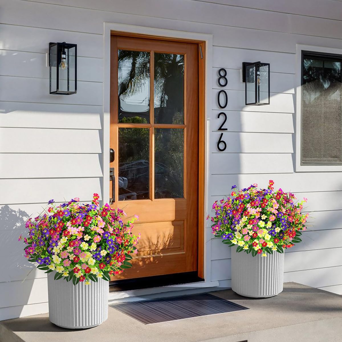 Artificial Faux Plants Flowers Outdoor Decoration,16 Bundles Fake Silk Colorful Daisy Eucalyptus Realistic UV Resistant for Outside Home Planter Porch Patio Yard Decor (red, white, pink,purple, green) - Image 7