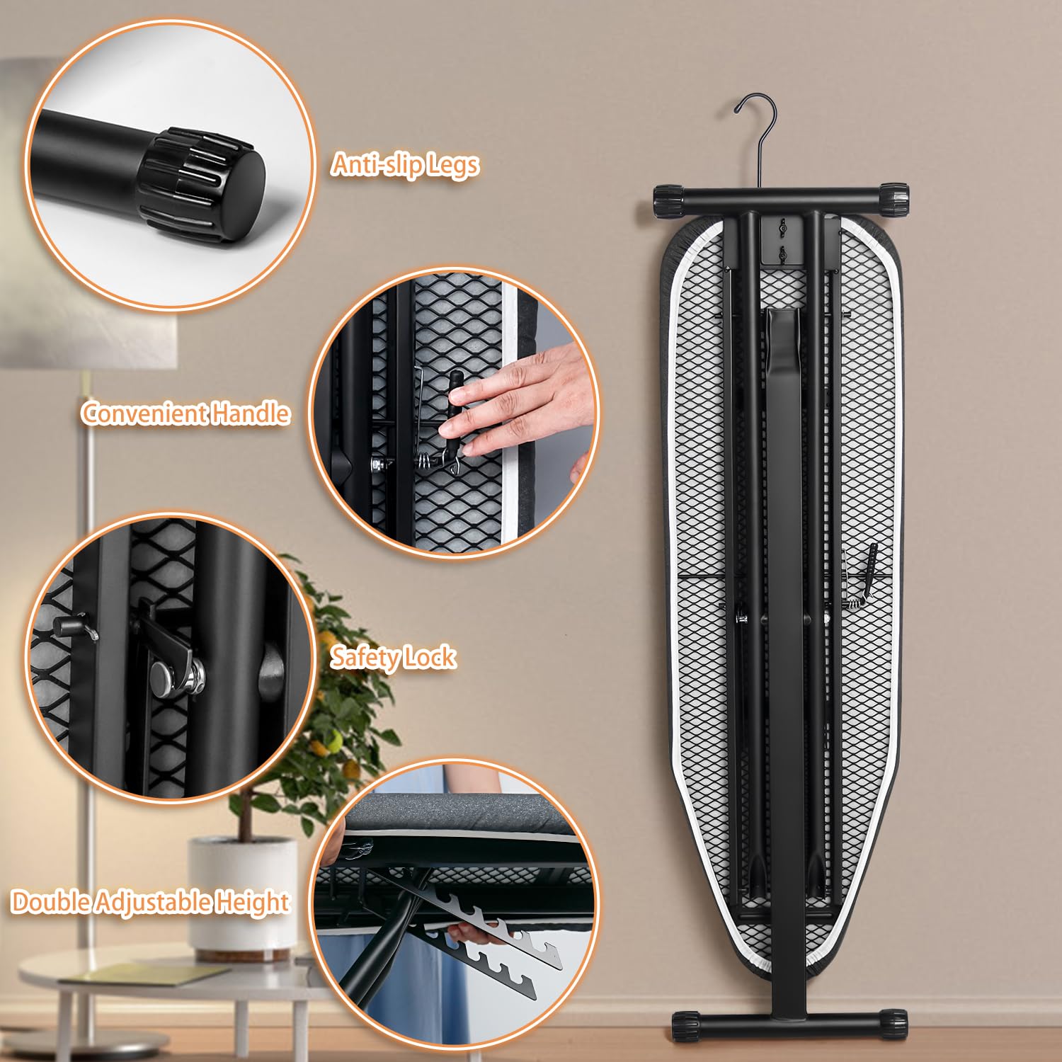 Duwee Bügelbrett mit Drehbarer Bügeleisenhalter, Stabiles Gestell, 109x33cm | Schwarzes Bügelbrett mit Hitzebeständigem Bezug und 10 mm Dicker Filzauflage, Bügelbretter mit 7 Verstellbaren Höhen