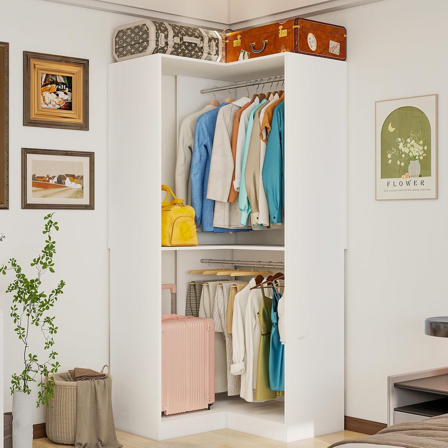 Corner Closet System with 3 Hanging Rods, 30.8”-70.2” L Shaped Freestanding Closet Organizer for Walkin Closet, Corner Wardrobe, White