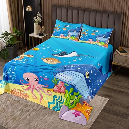 Juego de ropa de cama individual de animales marinos, tiburón, pulpo, tortuga, coral, cubrecama acolchado de dibujos animados de mundo submarino, 2