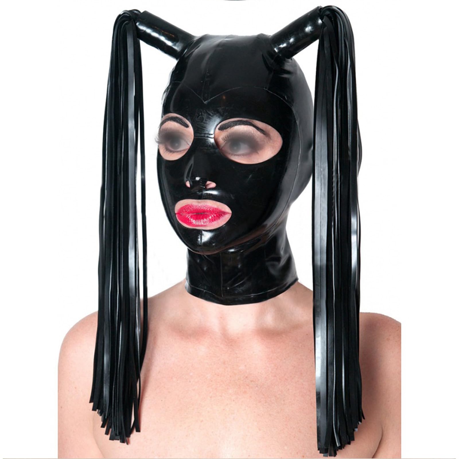 DSPENGS Latex Hood Rubber Head Mask BDSM Latex Head Cover with Double Ponytail Back Zipper Handmade for Unisex(Size:XXL-73CM)