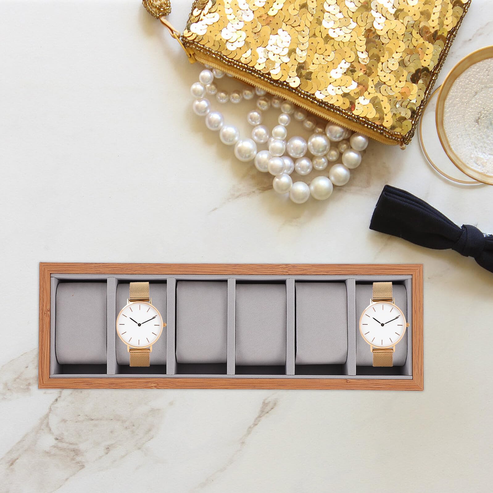 Abaodam Bandeja Organizadora de Relojes de Madera Diseño Elegante y Material Sintético para Proteger Relojes y Joyas en Tocador o Uso Corporativo