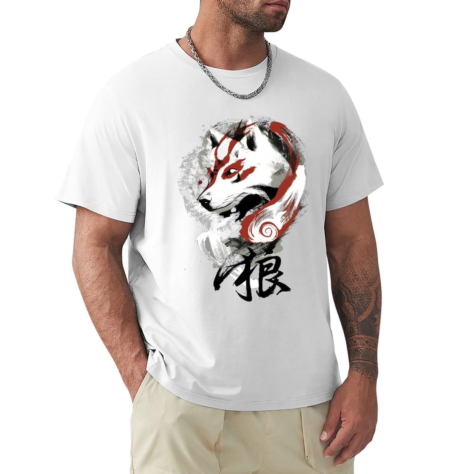 Okami T Shirt Wolf T-Shirt Graphic Tee Shirt Awesome 100% Cotton Short Sleeve Male Tshirt Guys Punk Men's Clothing White M