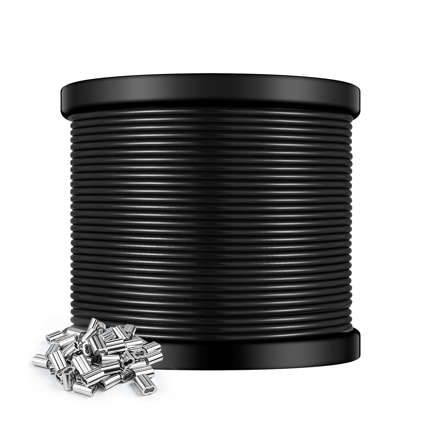Vinyl Coated Wire Rope 100FT Guide Wire for Outdoor String Lights | 1/16” Overmolded to 3/32”, 480 lbs breaking strength, comes with 30 Pcs aluminum crimping sleeves, for clotheslines trellis