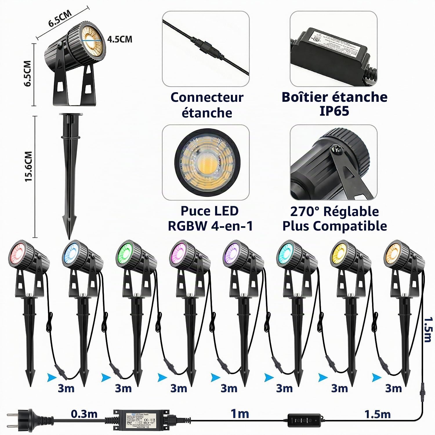 8 éclairage de jardin LED RGBW 24V 24W avec Timer Télécommande APP Dimmable projecteur de jardin blanc chaud avec piquet Spots LED Jardin Extérieur, IP65 étanche Lumière Extérieur Projecteur