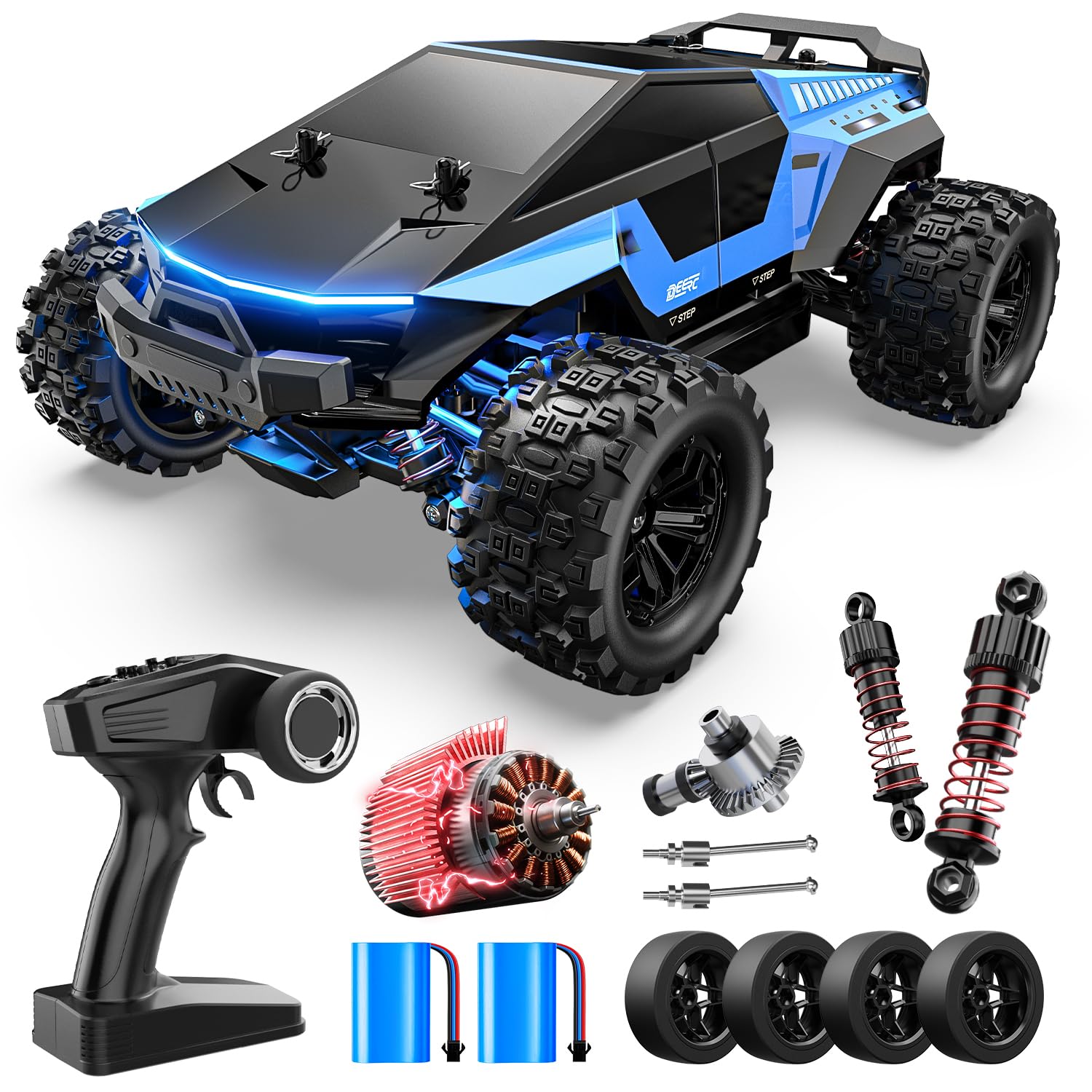 DEERC 1:18 RC Auto 40KM/H, Schnelles ferngesteuertes Drift & Rennfahrzeug, 2,4GHz wasserdichtes Offroad Car mit 2 Akkus & Driftreifen für Kinder & Erwachsene