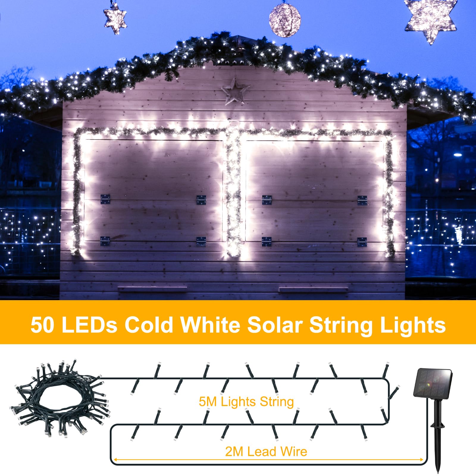 FFZZKJ Solar String Lights Outdoor Garden 50LED 5M 16.4FT Garden Lights Solar Powered Waterproof 8 Modes for Patio/Yard/Tree/Gazebo/Terrace/Party/Wedding - Image 4