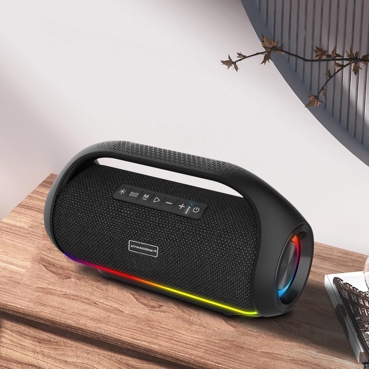 DYNASONIC S90 speaker with a smartphone showing Bluetooth connection