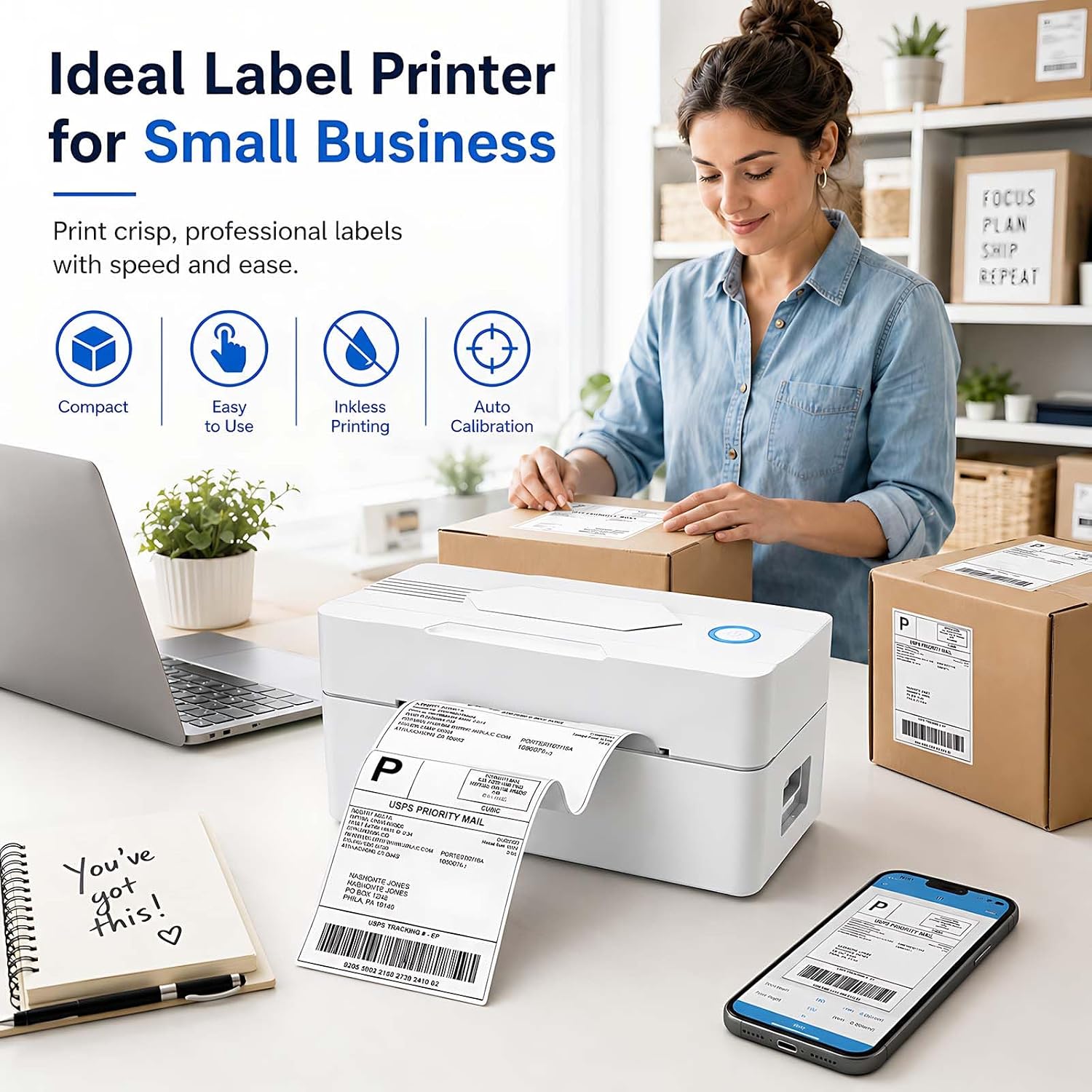 Bluetooth Thermal Shipping Label Printer, 4x6, White
