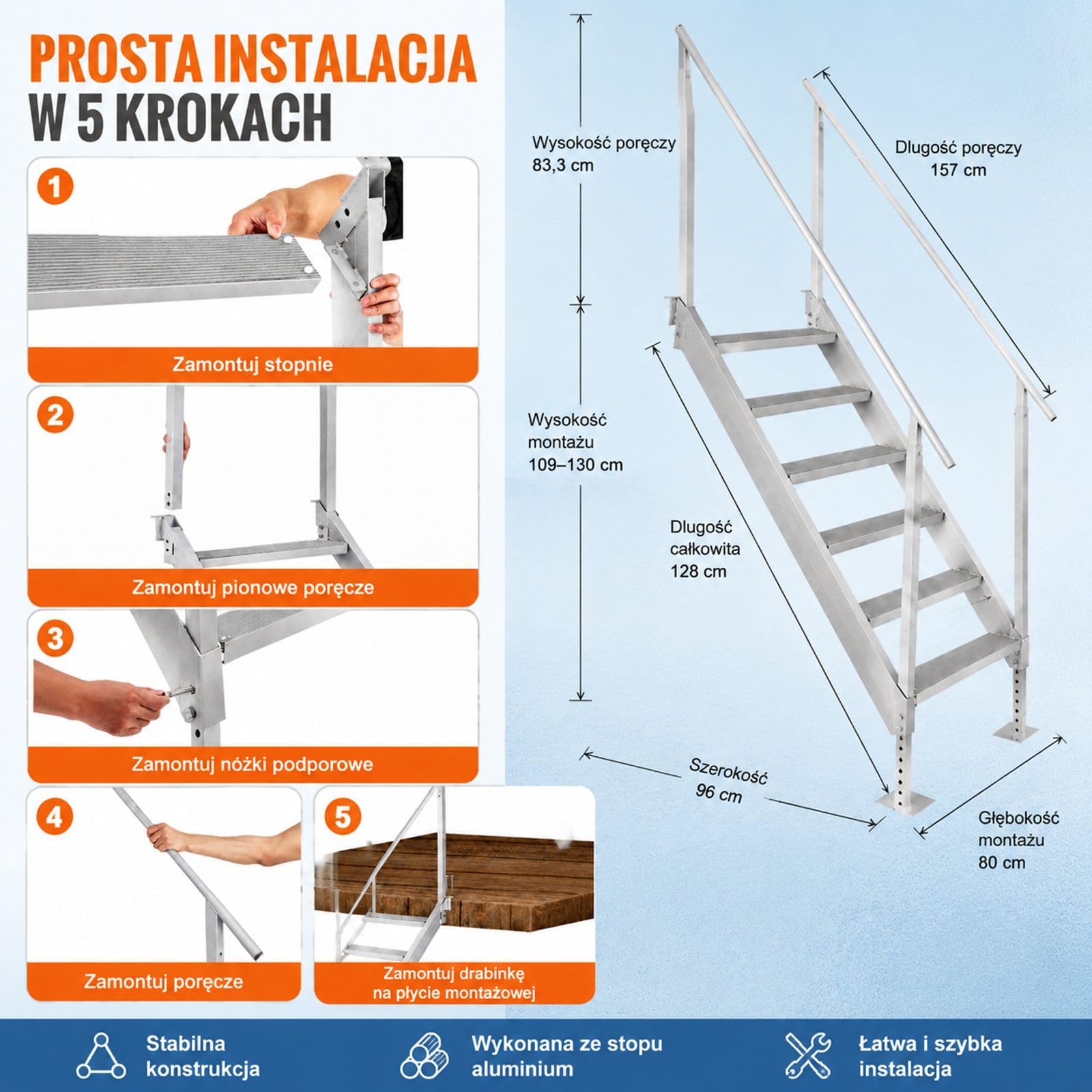 Aluminiowa drabinka dokowa, 6 stopni, dwie poręcze, nośność 250 kg, do łodzi, portów oraz basenów