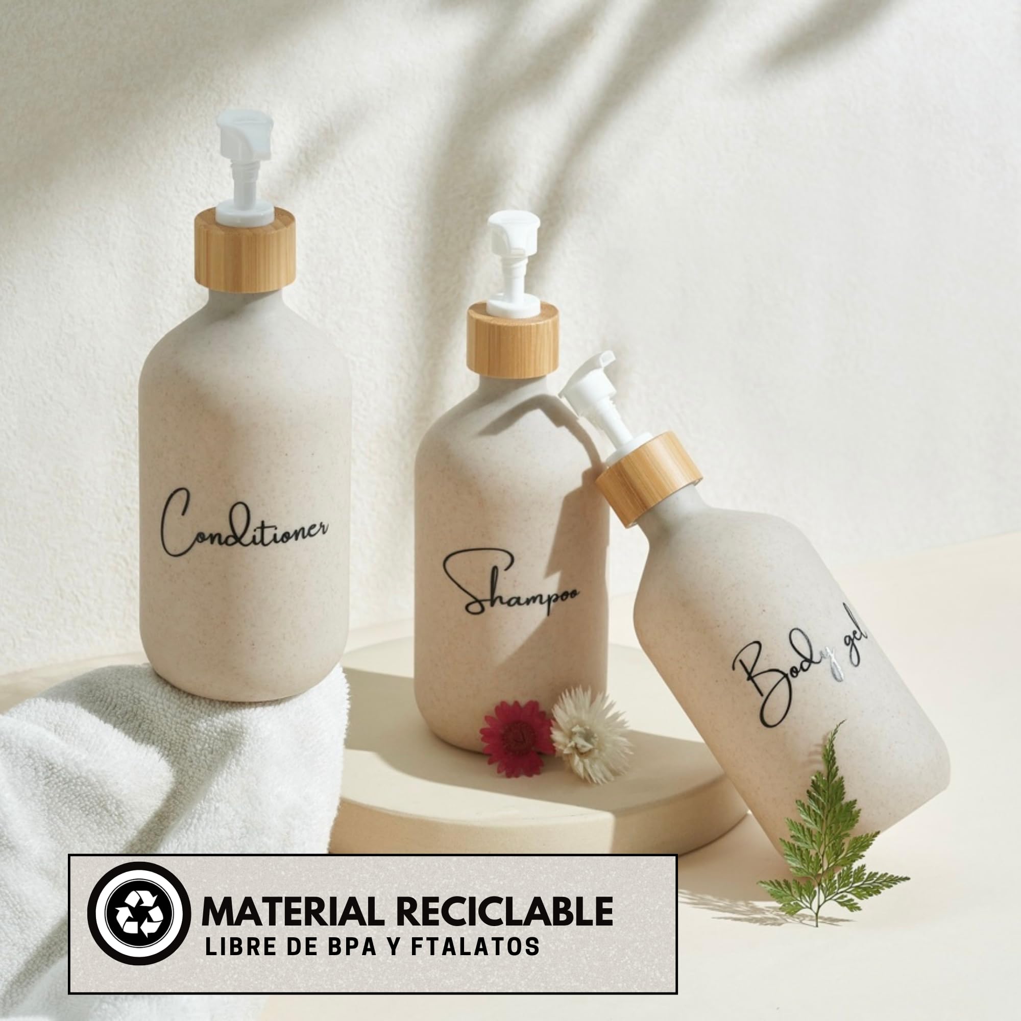 Dispensador jabon baño 500ml Beige con Detalle de bambú - Set de 3 Botes para Gel y champu acondicionador - Dosificador jabon baño Elegante y Funcional para Mantener la Ducha ordenada y Decorada