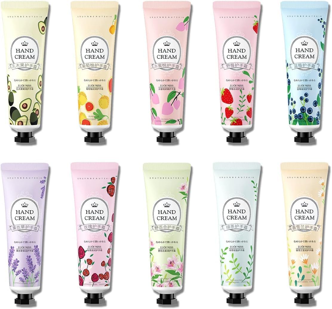 10 Pcs Hand Cream Gifts Set, Mini Moisturizing Hand Lotion for Dry Cracked Hands, Travel Size Hand Care Cream, Mothers Day Gifts Gifts, with Natural Plant Fruit Scented for Women Mom