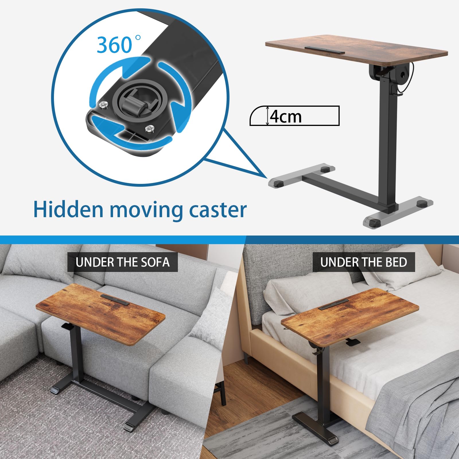 ETHU Mesa auxiliar de altura regulable de 71 a 107 cm, mesa auxiliar para ordenador portátil, mesa auxiliar reversible con ruedas ocultas, 77 x 40 cm, para oficina, salón (marrón)