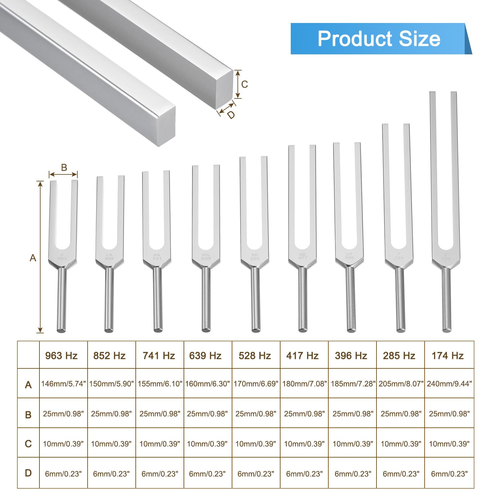 QUARKZMAN Stimmgabel Set 9Stk Stimmgabel Aluminium Legierung für Instrumente Peozess Yoga Klangtest Stimmgabel Werkzeug Set Silber mit Gummi Schlägel und Tasche