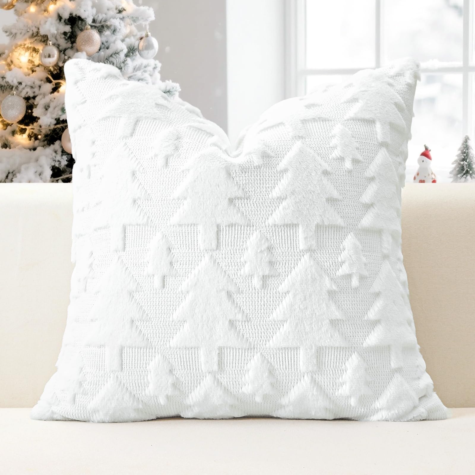 JOTOM Set of 1 Christmas Cushion Cover 45x45cm Christmas Tree Decorative Soft Throw Pillow Cover Plush Faux Fur Winter Holiday Pillow Case for Home Bed Couch Sofa Decor (White) โ image 1