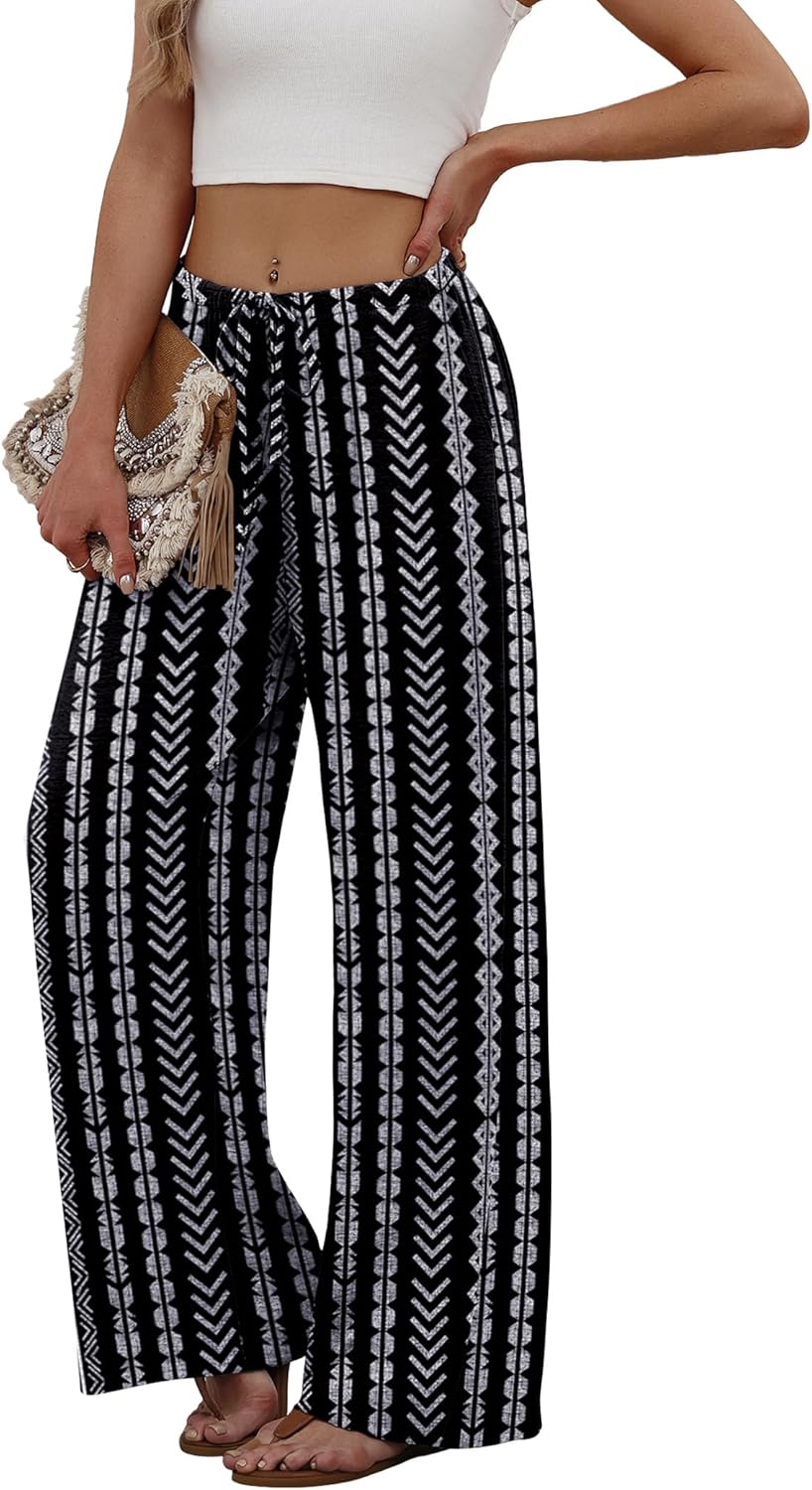 Sampeel Women's Linen Summer Palazzo Pants Flowy Wide Leg Beach Trousers with Pockets - Image 4