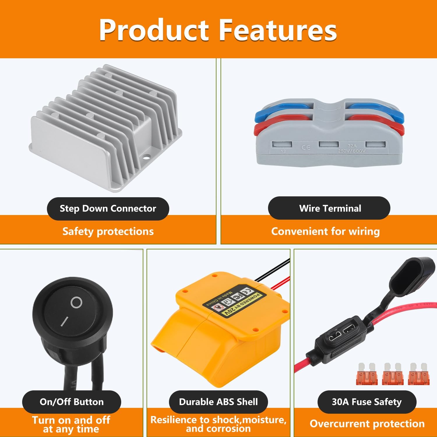 20V to 12V Step-Down Converter for Dewalt 20V Max for Power Battery Adapter Wheel, DC 12V 15A 180W Buck Converter Regulator with 30A Fuse & Wire Terminal for Golf Cart RC Car Truck Light & DIY
