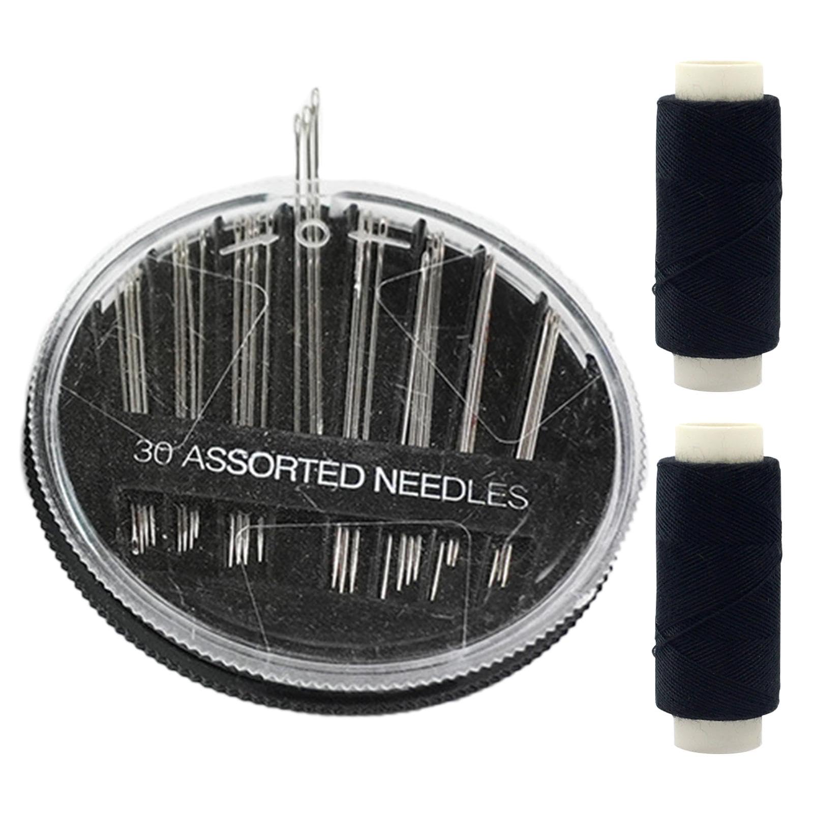 2pcs Black Polyester Sewing Thread, 1 Needle Case in 30 Hand Sewing Needles, Assorted Sizes Embroidery Mending Craft Sew, Universal for Machine and Hand Sewings