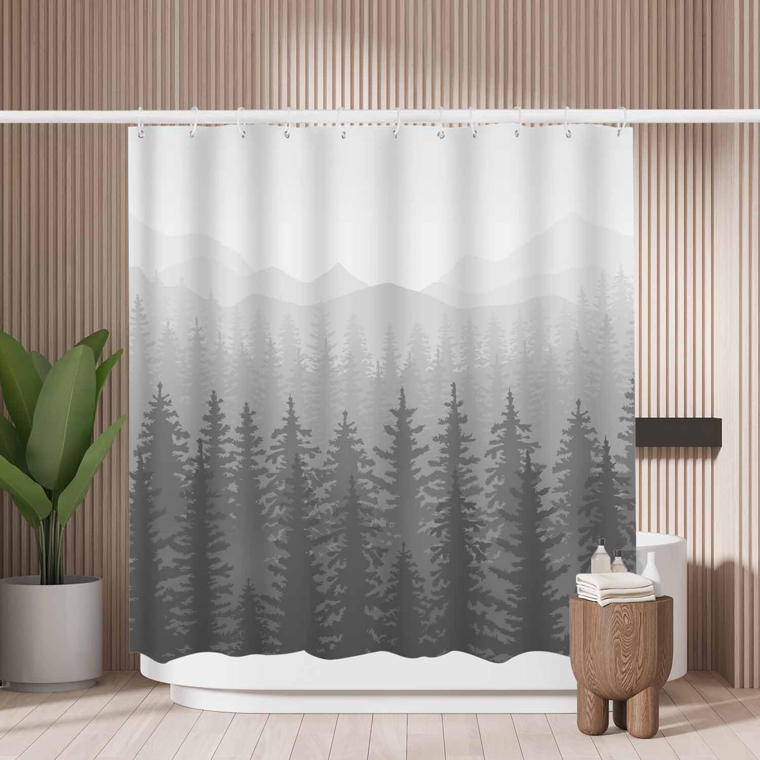 Woutay Shower Curtain Mould Proof Resistant Mountains in The Morning Mist,Water Repellant Fabric,Polyester,with 12 Plastic Hooks