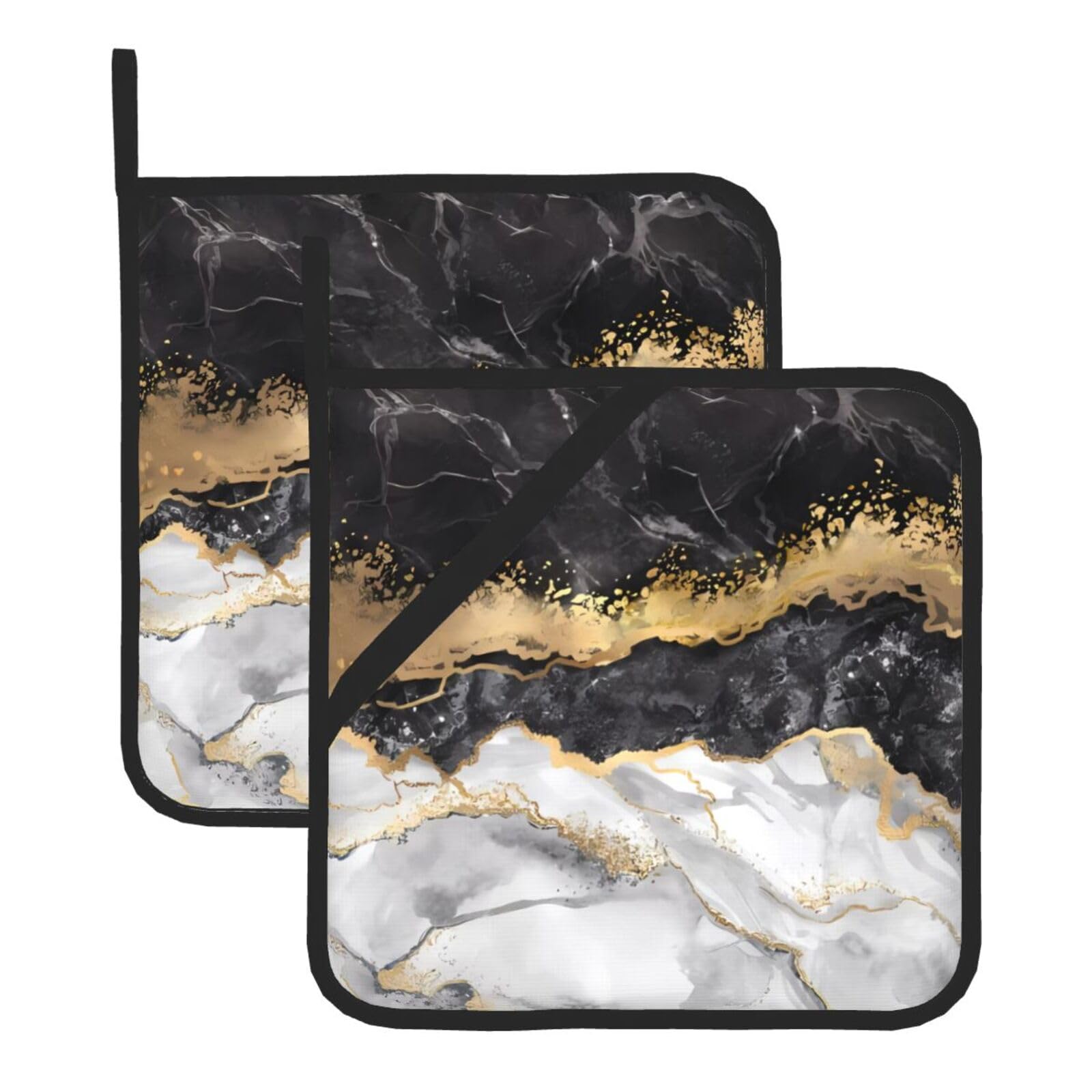 WHJSHOP Black White Gold Foil Marble Prints Square Hot Pads for Kitchen - Waterproof Pot Covers with Hanging Loops - Thick Heat Resistant Trivets for Serving & BBQ, 2-Piece Set
