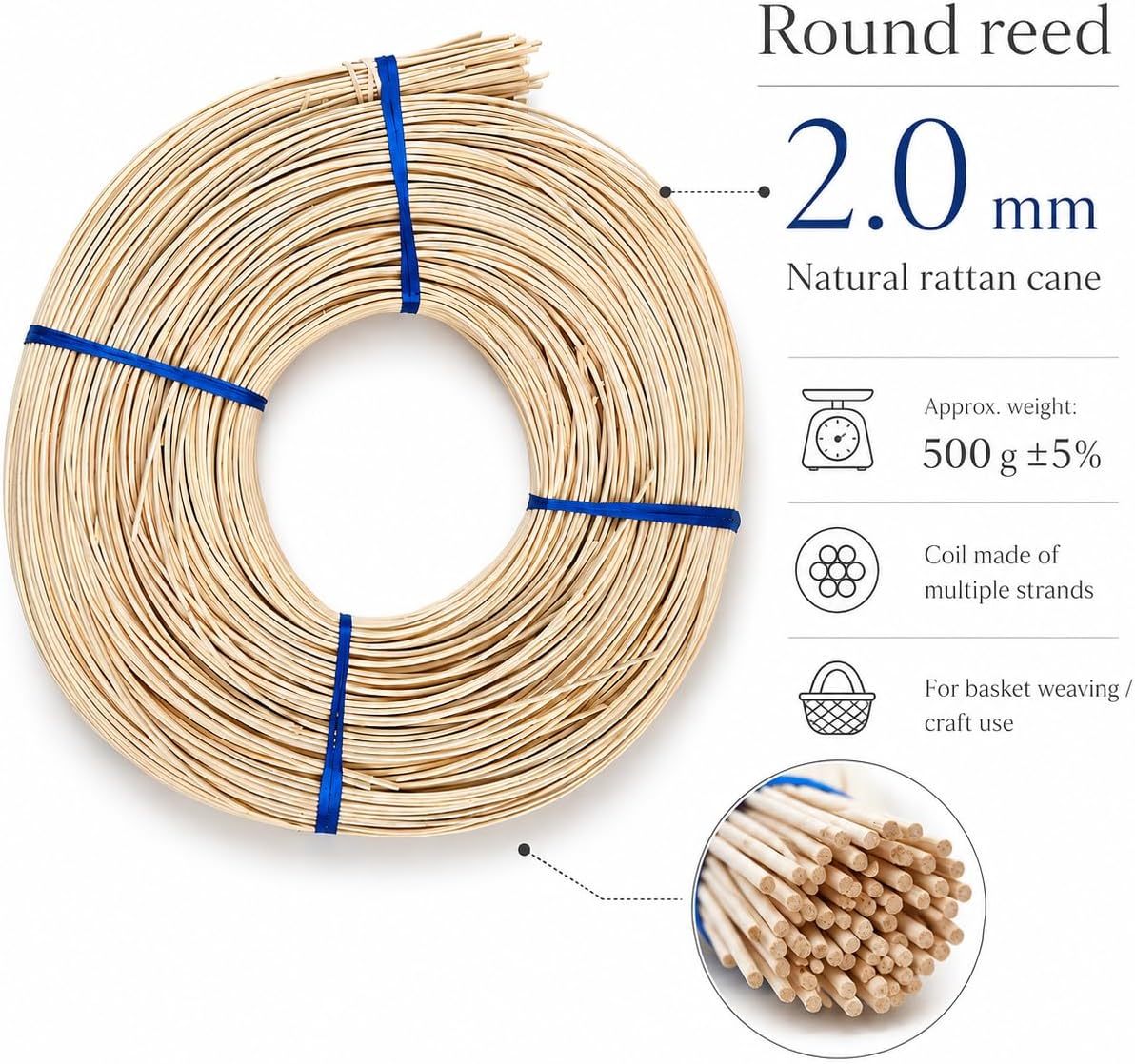 PEDDIG SHOP 2 mm Round Rattan Reed – Natural Rattan Cane Coil for Basket Weaving, Wicker Furniture Making, Wicker Repair, Chair Caning & DIY Craft Supplies