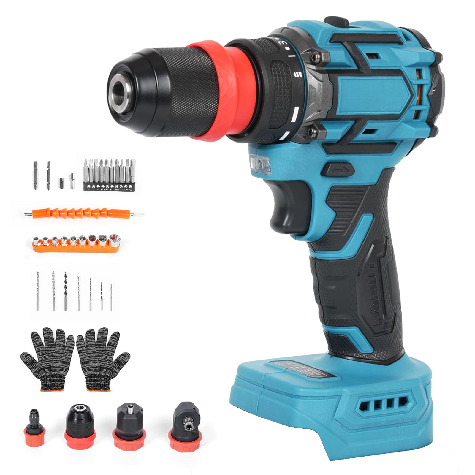 Perceuse Visseuse sans Fil 21V, Kit Makita Compatible avec 4 Mandrins Interchangeables (Sans Batterie/Chargeur) - 600W, 45 Nm - Pour Bricoleurs & Professionnels