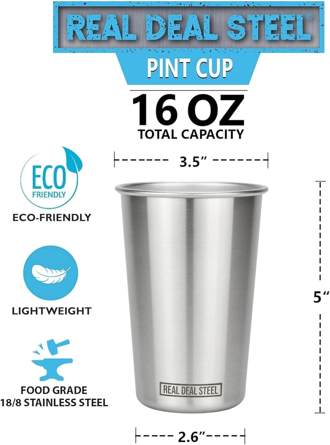 Real Deal Steel Stainless Steel 16 oz Pint Cups Stackable Single Wall Tumblers, Eco Friendly Premium Metal Drinking Glasses (Stainless Steel)