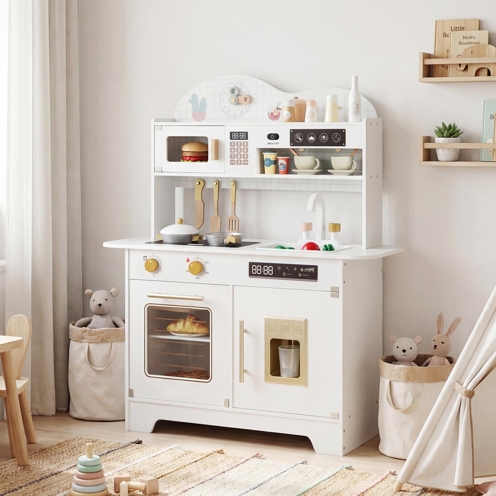 COSTWAY Kinderküche, Spielküche Holz mit 17 Zubehörteilen, Spielzeugküche mit Backofen, Eismaschine, Mikrowelle & Herd, Holzküche für Kinder ab 3 Jahren (Weiß)