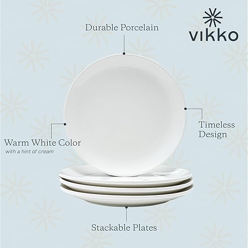 Miniatura 7 de Vikko Plato de ensalada, juego de 6 platos blancos, porcelana fina, platos de ensalada apilables de 8 pulgadas, apto para lavavajillas