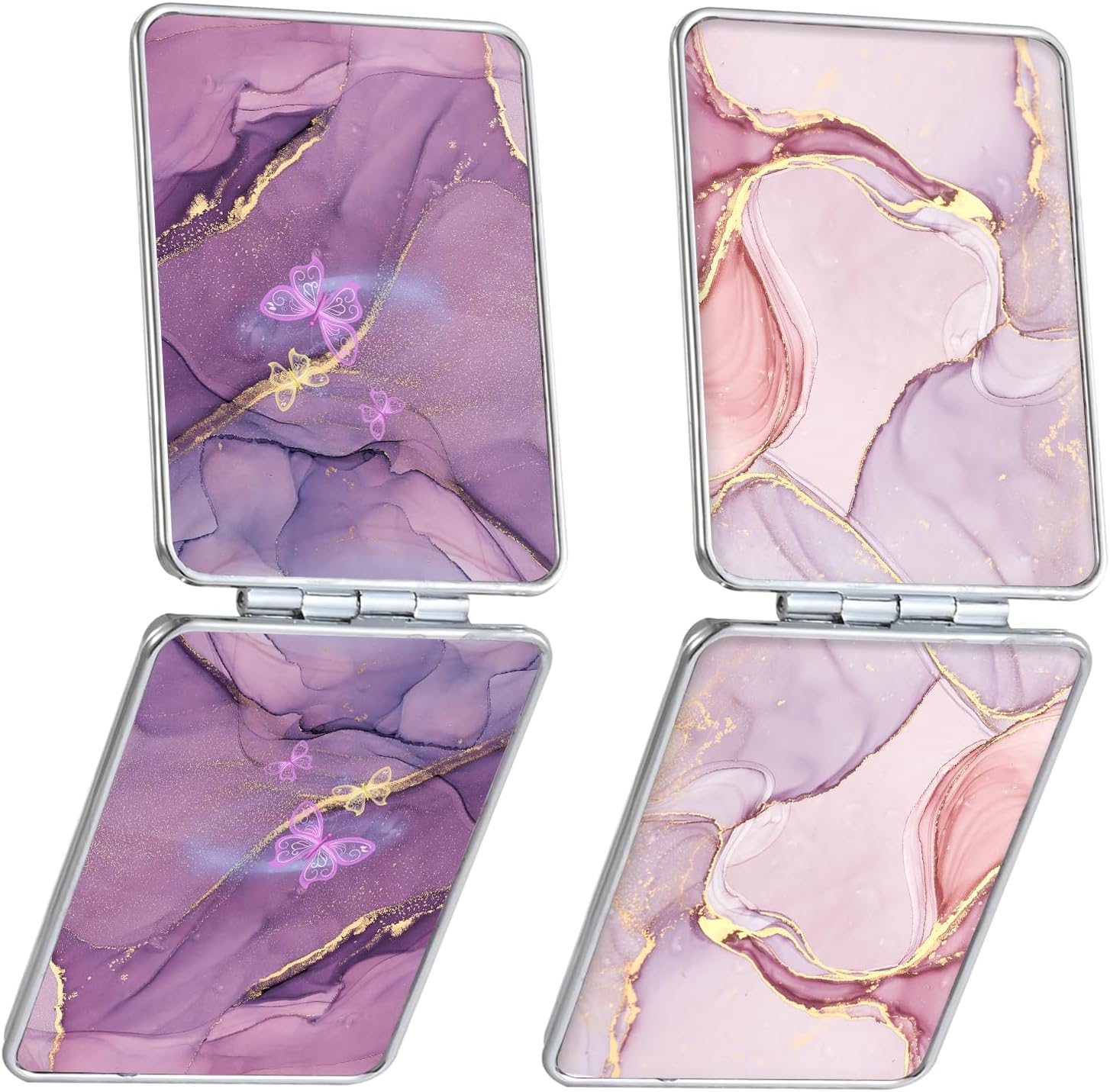 Pocket Mirror, Small Travel Mirror with Magnification, Portable Double-Sided Magnifying Cosmetic Mirror for Daily (Pink + Purple Marble)