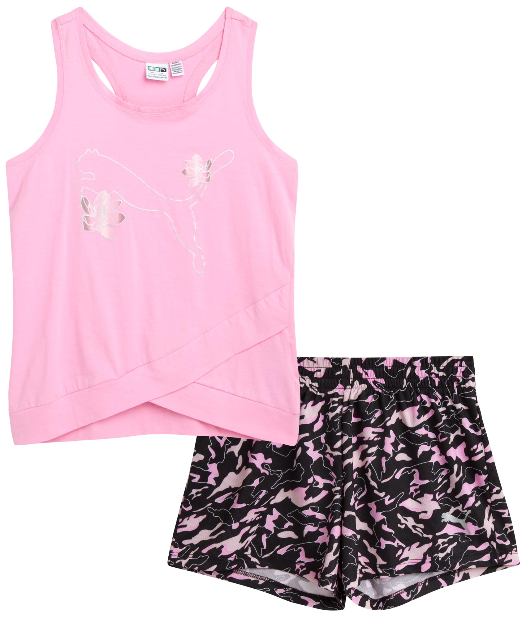 PUMA Conjunto de pantalones cortos activos para niñas, camiseta sin mangas de rendimiento de 2 piezas y pantalones cortos de gimnasio, bonito atuendo atlético de verano para niñas (S-L)
