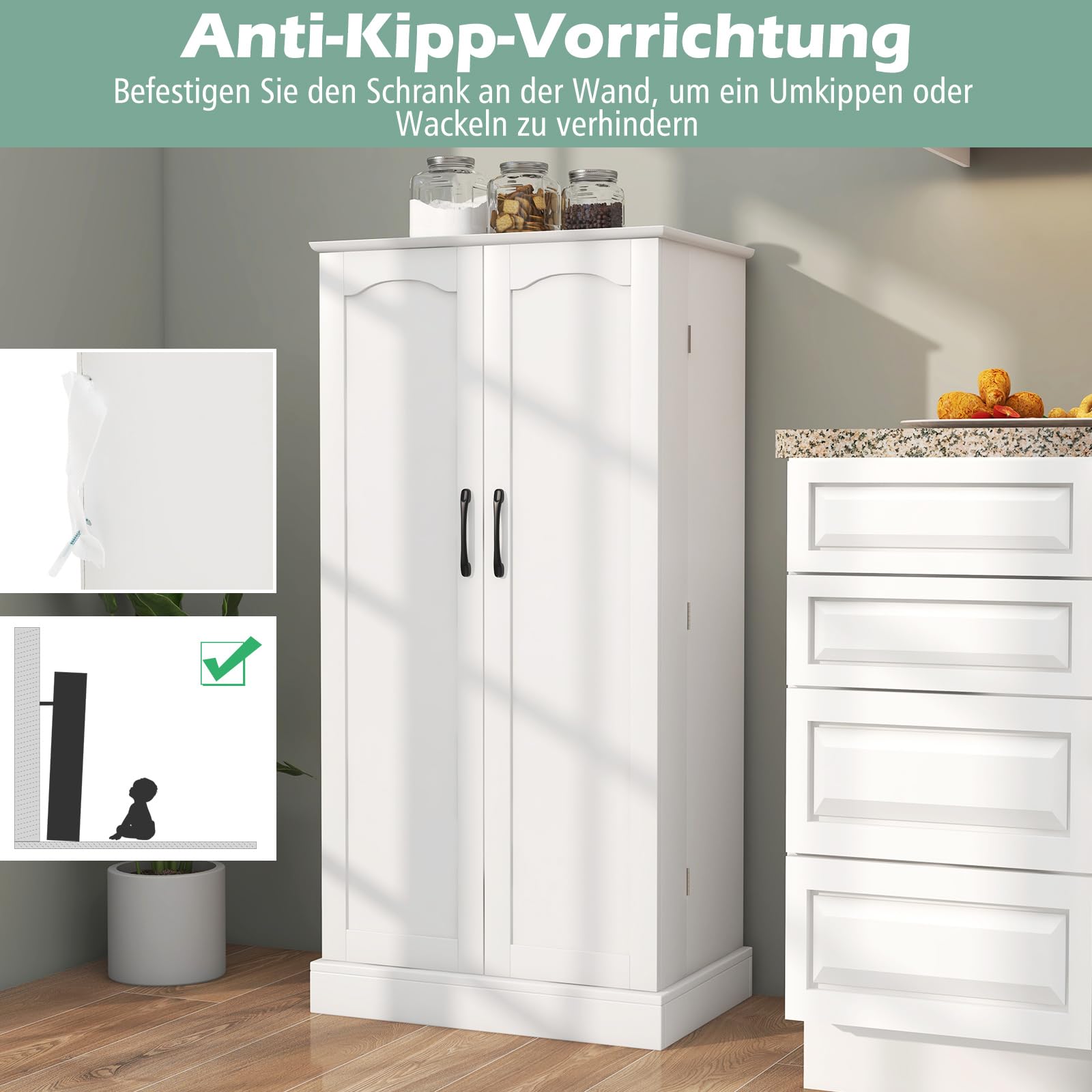 COSTWAY szafka kuchenna, szafka magazynowa, szafka do przechowywania z 2 drzwiami i 6 regulowanymi półkami, szafka wielofunkcyjna do kuchni, salonu, jadalni, 60 x 40 x 120 cm, biały