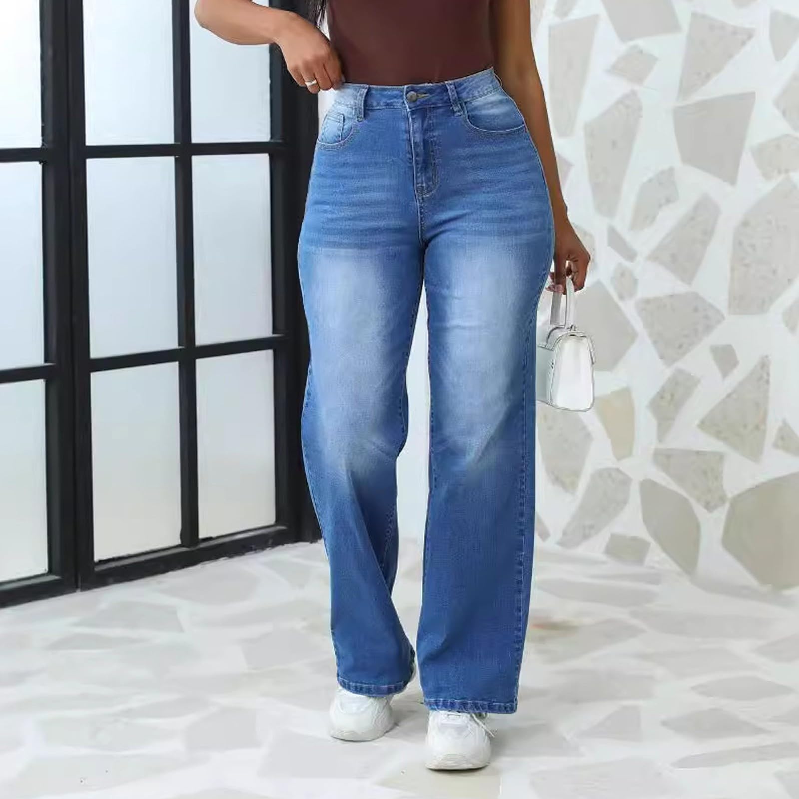 Jeans Damen Weites Bein Jeanshose Straight Fit Denim Wide Leg Freizeit Klassisch Loose Baggy Flared Boyfriend Stretch Streetwear