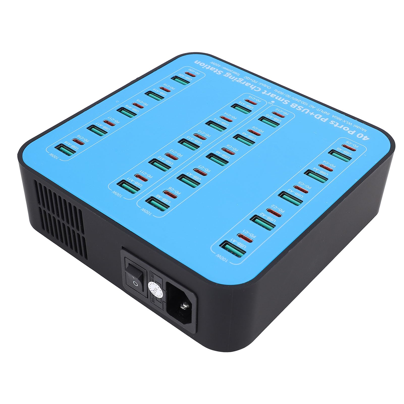Sxhlseller Stazione di Ricarica USB a 20 Porte con Ricarica Rapida 20 PD, Caricabatterie Multidispositivo da 400 W per Smartphone, Laptop, Tablet, Doppie Ventole di Raffreddamento, per (Spina europea)