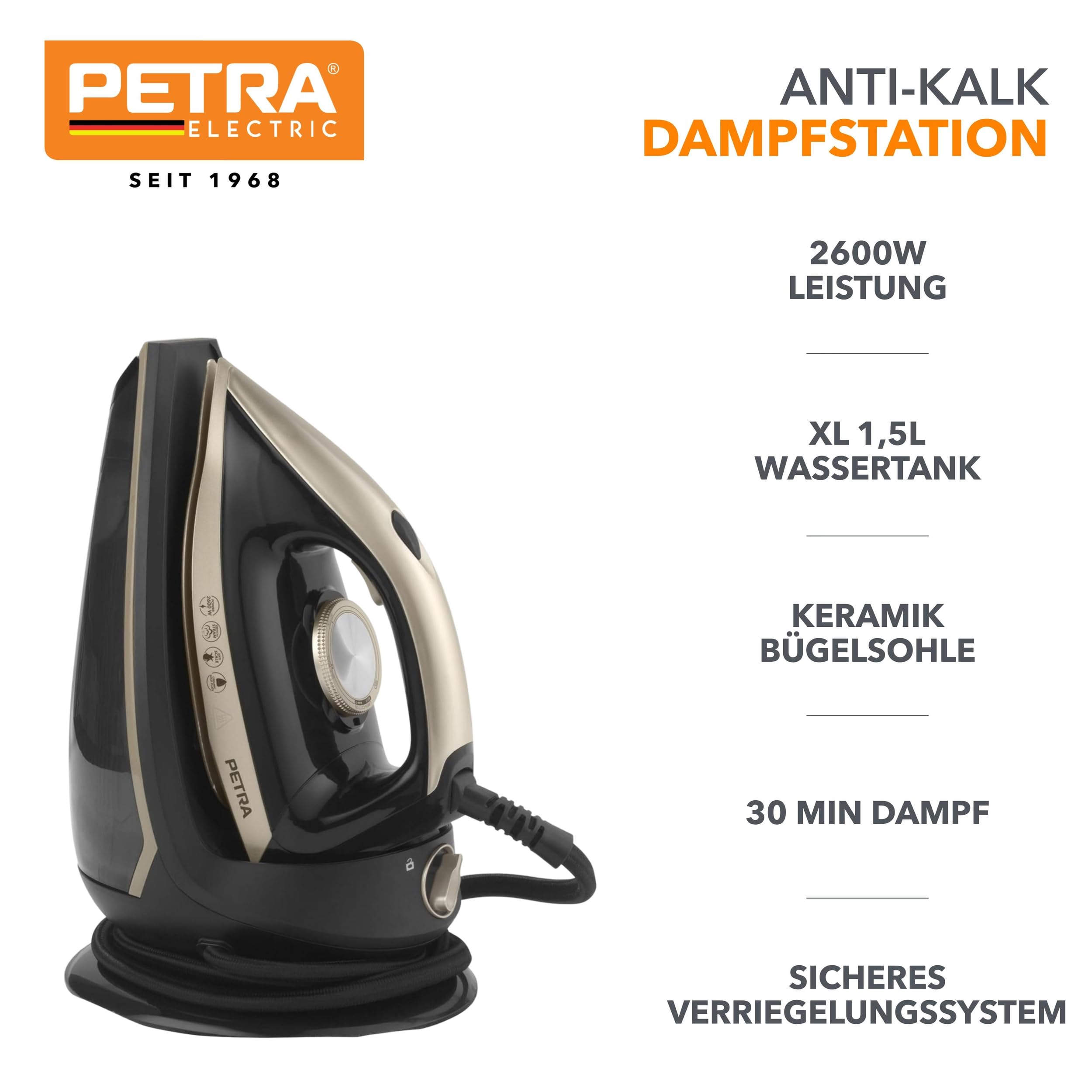 Petra PF01483VDEEU7 Anti-Kalk Bügeleisen Dampfstation - 2600W, XL 1,5L Wasserbehälter, 30 Min Kontinuierlicher Dampf, Keramik Bügelsohle, Groß Dampfbügeleisen Mit Kompktbasis und Verriegelungssystem