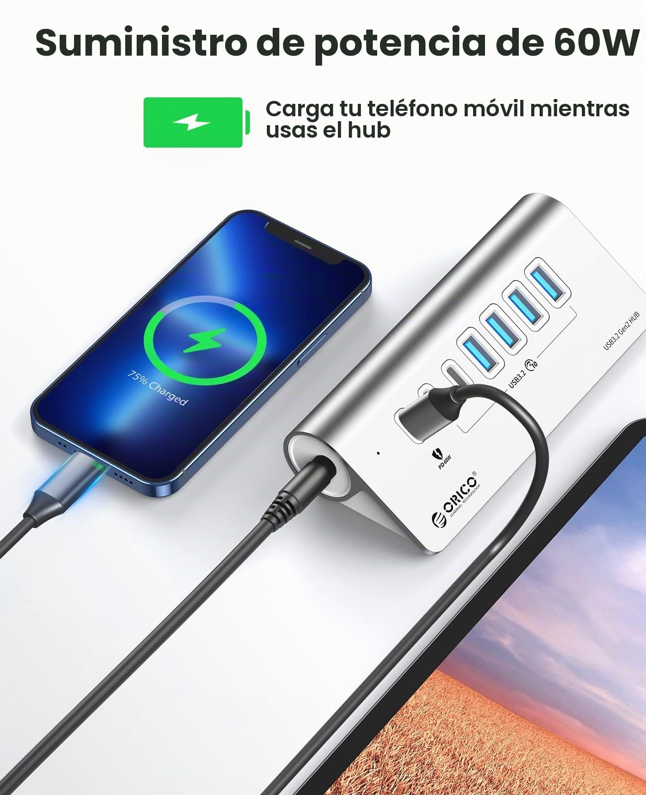 ORICO Hub USB C 3.2 Gen2 de 7 Puertos, Concentrador Alimentado 10Gbps con 4 USB-A, 2 USB-C, PD 60W, Divisor USB C de Aluminio con Cable 1.0m para Macbook, Macbook Pro