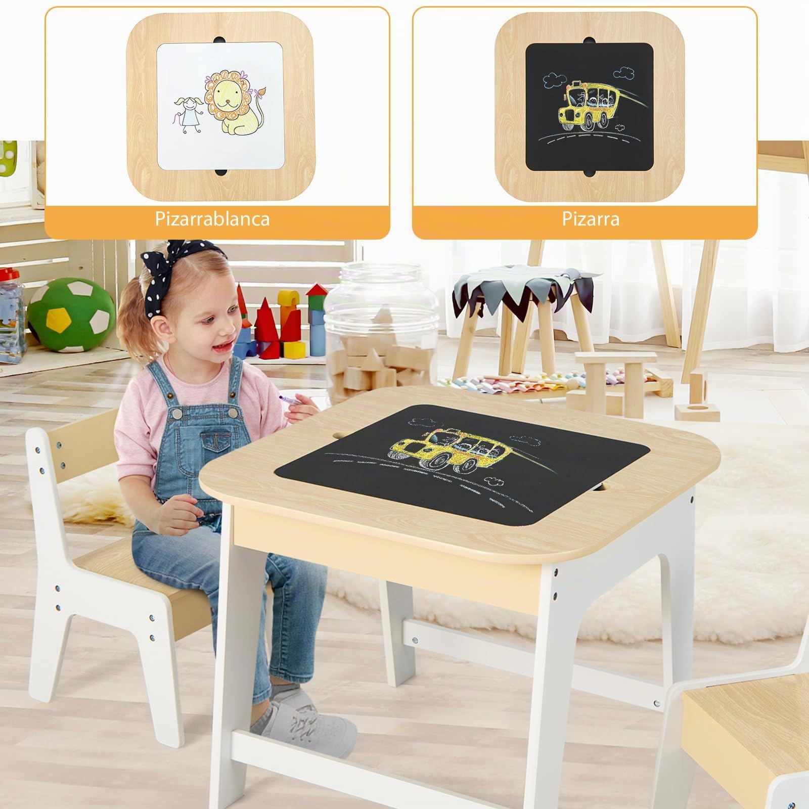 LIFEZEAL Juego de Mesa Infantil con 2 Sillas, Mesa de Actividad con Pizarra Doble Cara, Mesa Cuadrada con Tablero Extraíble y Almacenamiento Oculto, Conjunto de Mueble para niños (Natural+Blanco)