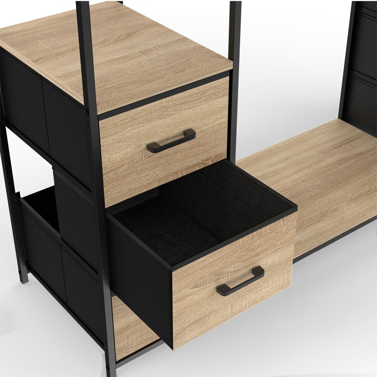 IDMarket - Dressing Double penderie + Double Colonne L. 140 cm Utah avec 6 étagères et 6 bacs en Tissu Bois et Noir
