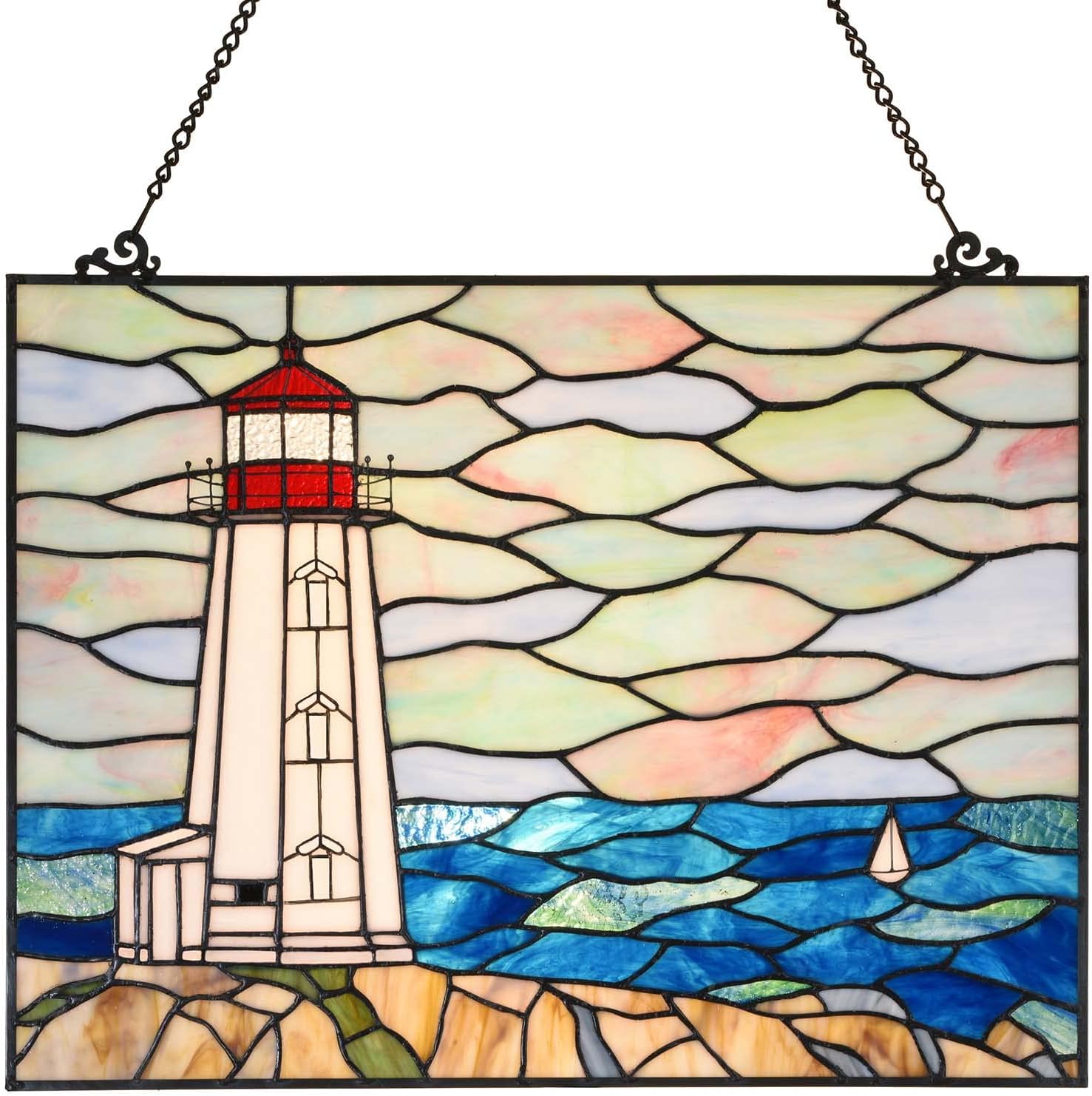 Bieye W10066 Peggy's Point Lighthouse Tiffany Style Stained Glass Window Hangings Panel, 19" W x 14.4" H
