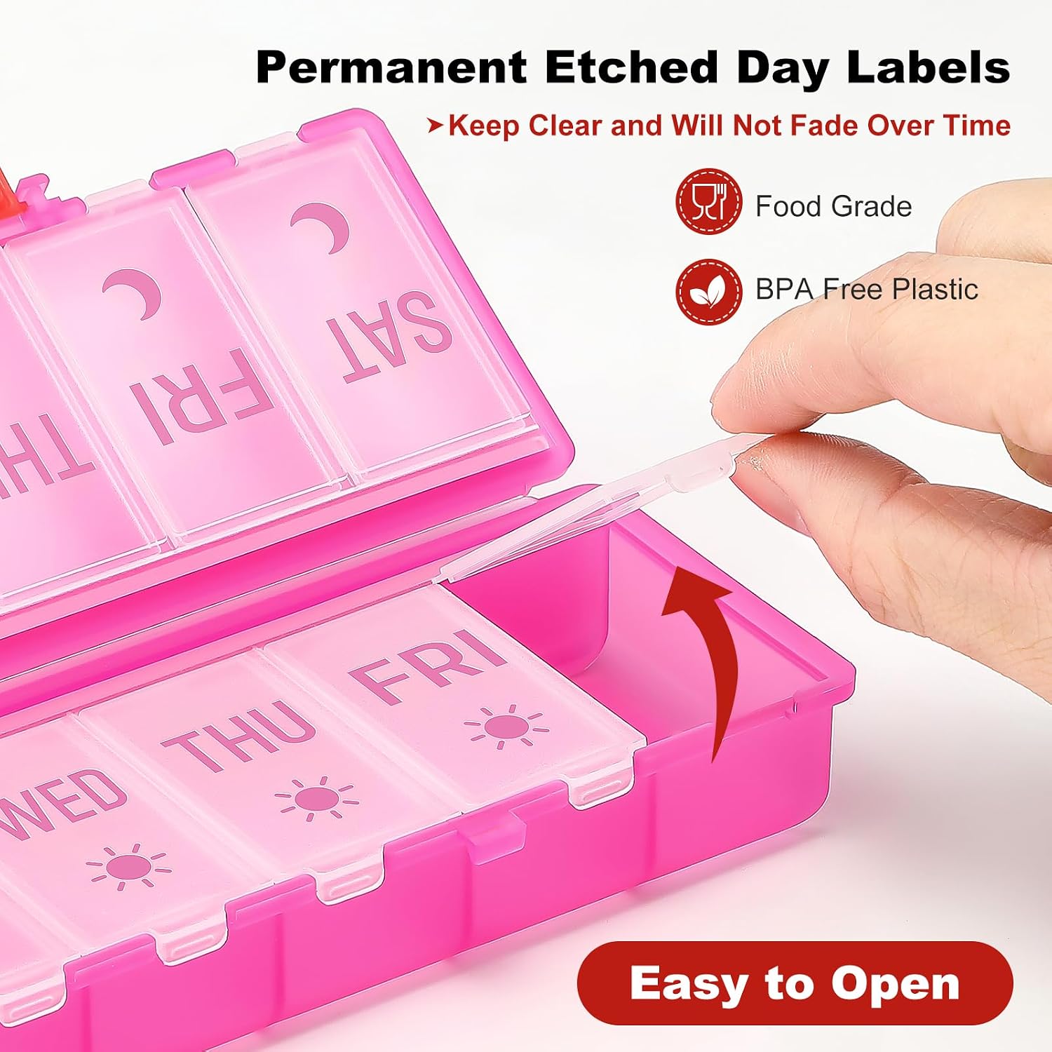 Foldable Pill Organizer 2 Times a Day w/Etched Labels -Dual Protection & Portable Weekly AM PM Pill Box, 7 Day Medicine Container, Large Travel Pill Case for Week Daily Supplement Vitamin -Clear Pink