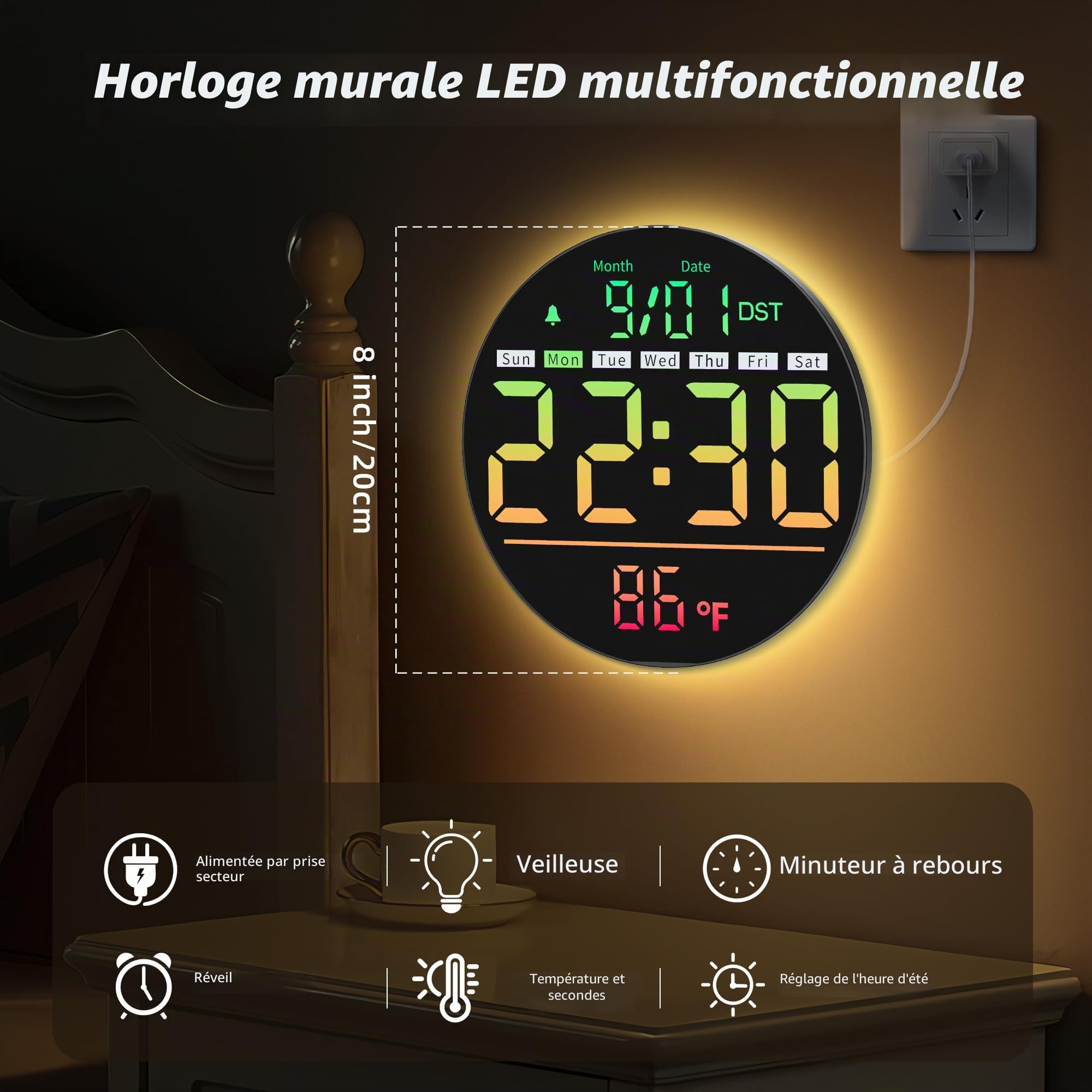 Maxstar Horloge Murale Numérique 8" LED avec Alarme, RGB, Température, Date