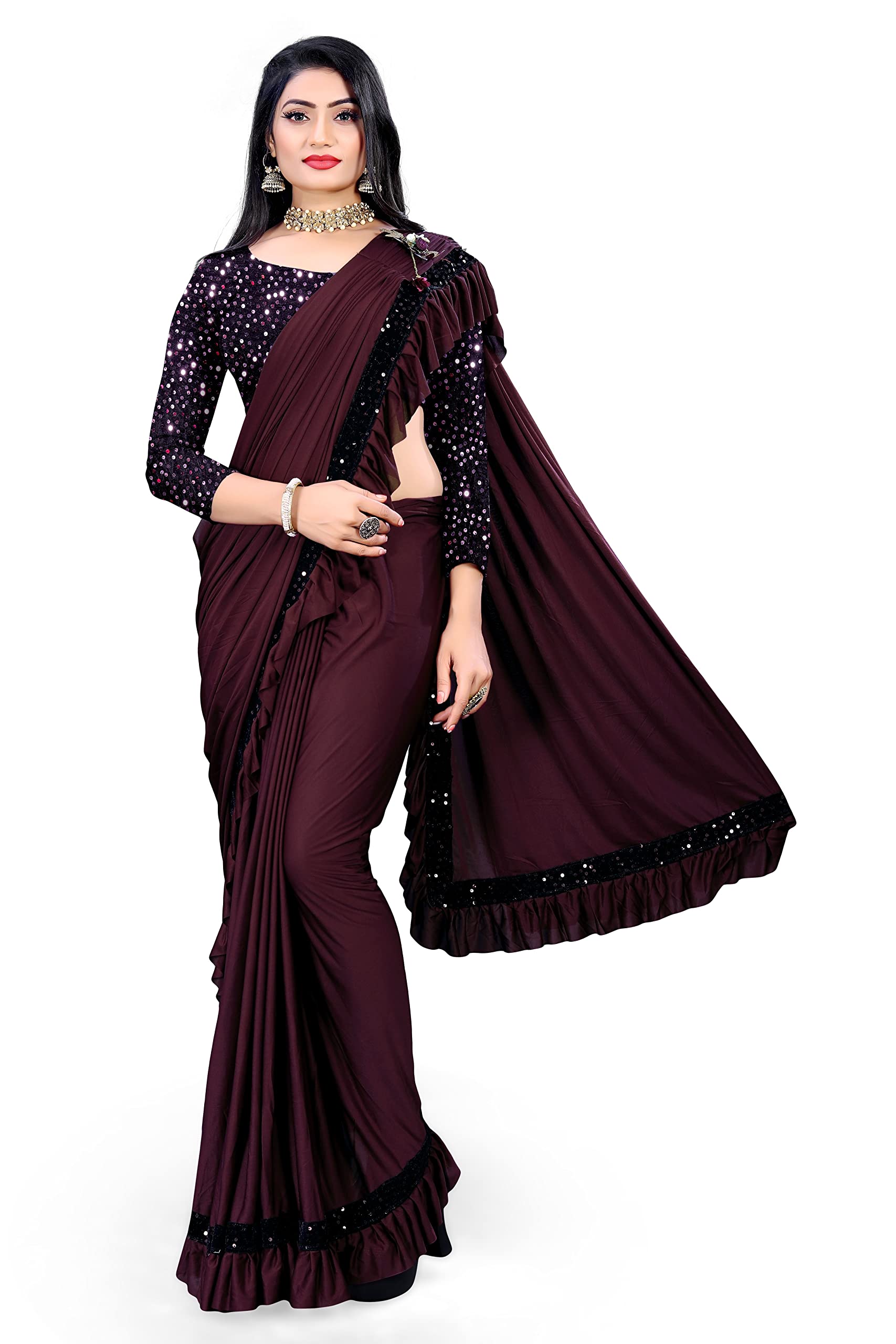 MOHIT CREATIONS Women's Party wear Pure Original Lycra Ruffle Saree With Unstitched Blouse