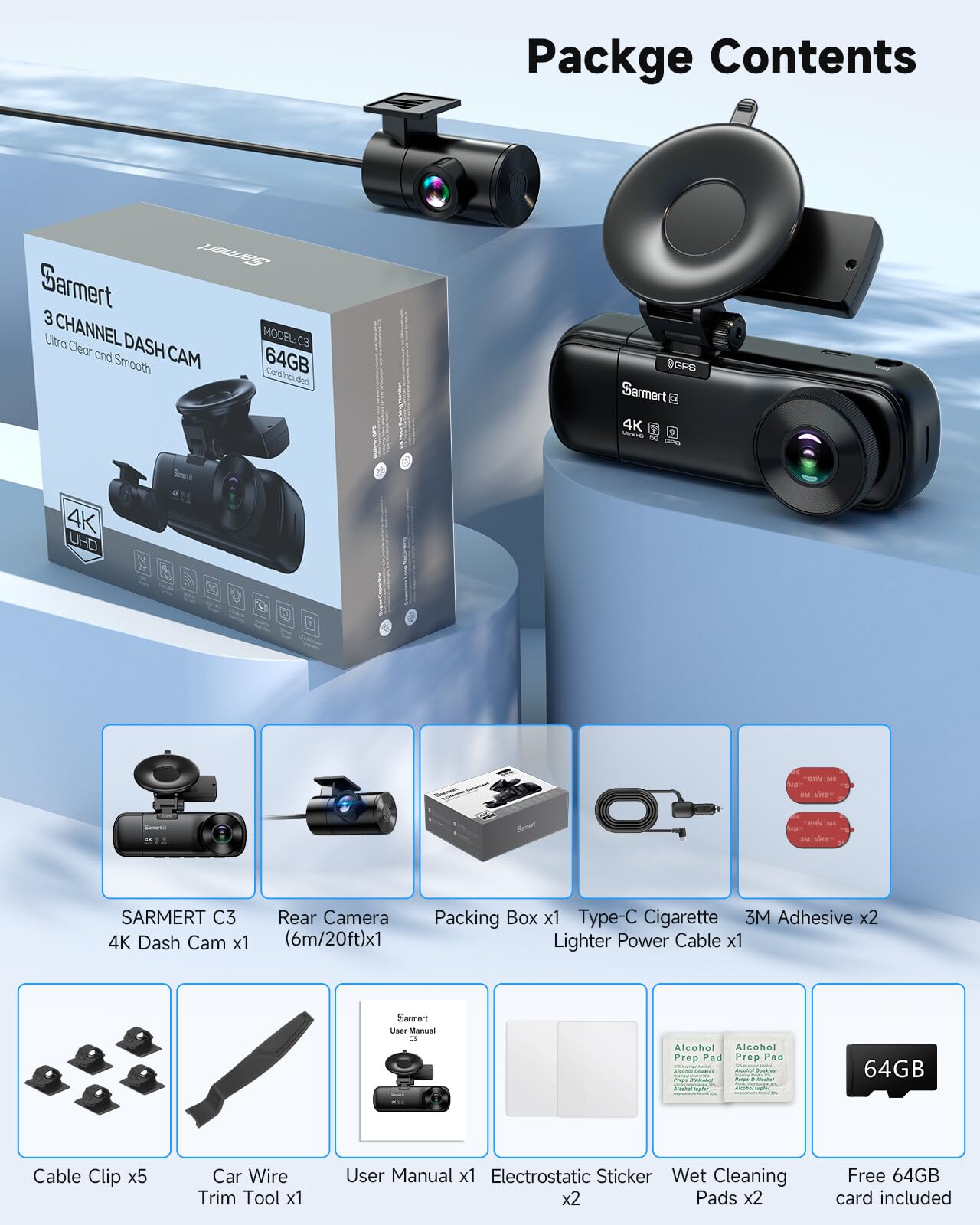 3-kanałowa kamera samochodowa SARMERT 4K kamera samochodowa z przodu wewnątrz i z tyłu z bezpłatną kartą 64 GB, kamera samochodowa 4K+1080P + 1080P, czujnik G, WDR, aplikacja, 5G WiFi, noktowizor