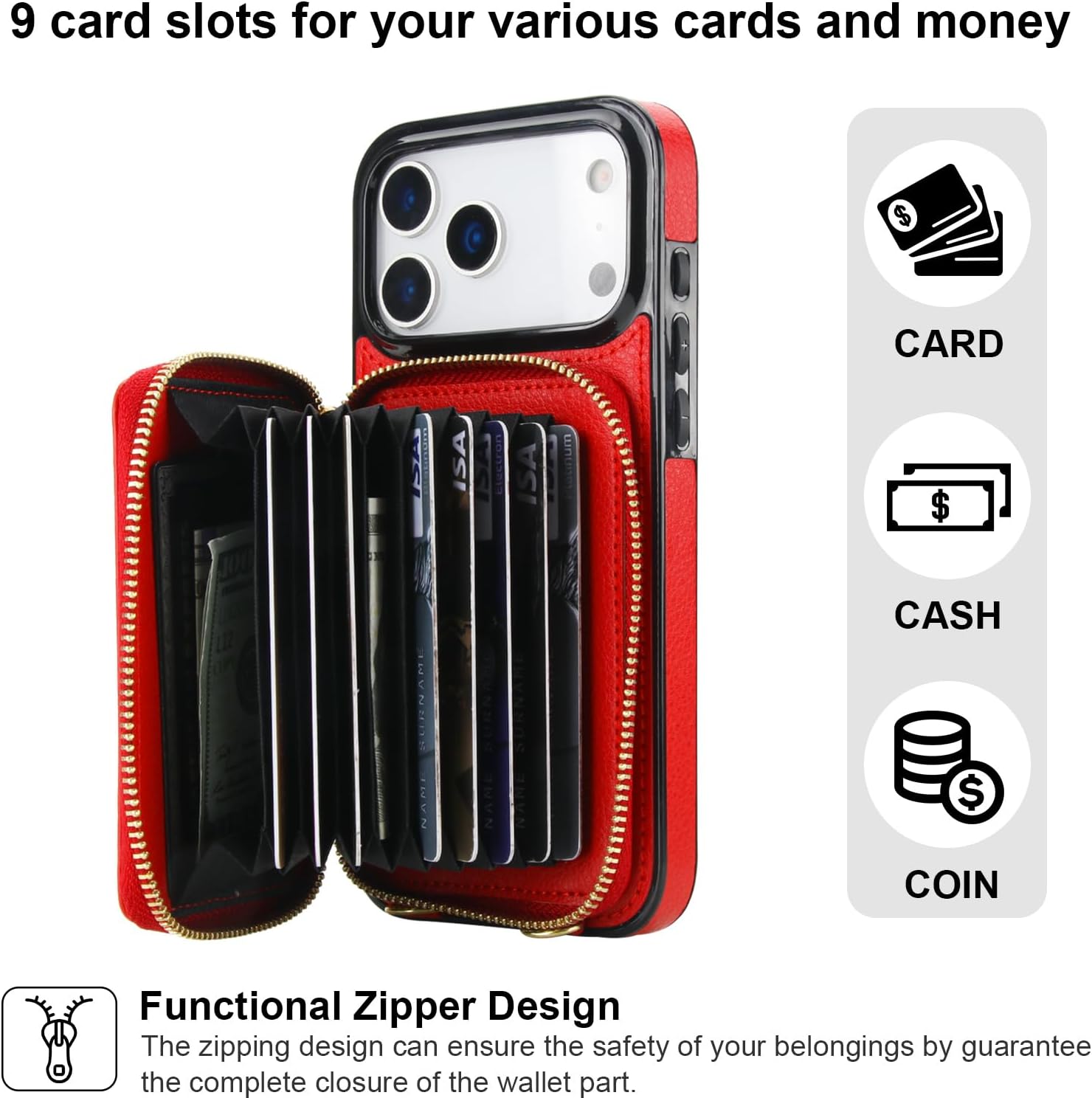 Bocasal Crossbody Wallet Case for iPhone 17 Pro Max, RFID Blocking Leather Purse Case with Card Holder, Protective Handbag Flip Cover with Zipper Wrist Strap Lanyard for Women 5G 6.9 Inch (Red)