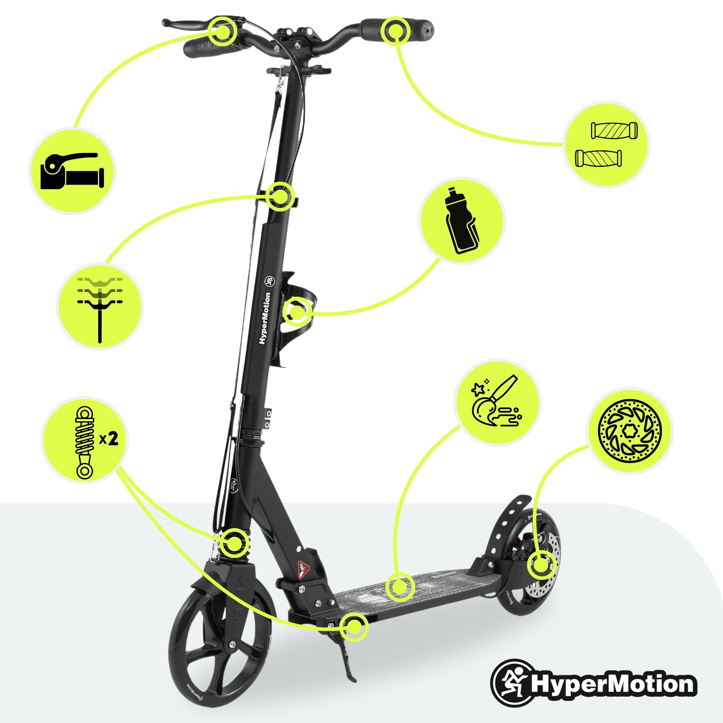HyperMotion Hulajnoga Dwukołowa dla Młodzieży i Dorosłych, z Amortyzatorem, Skyline, Czarna, Aluminiowa, Obciążenie do 100kg, od 6 Lat, Duże Koła, Hamulec Ręczny i Nożny, Składana + Pasek