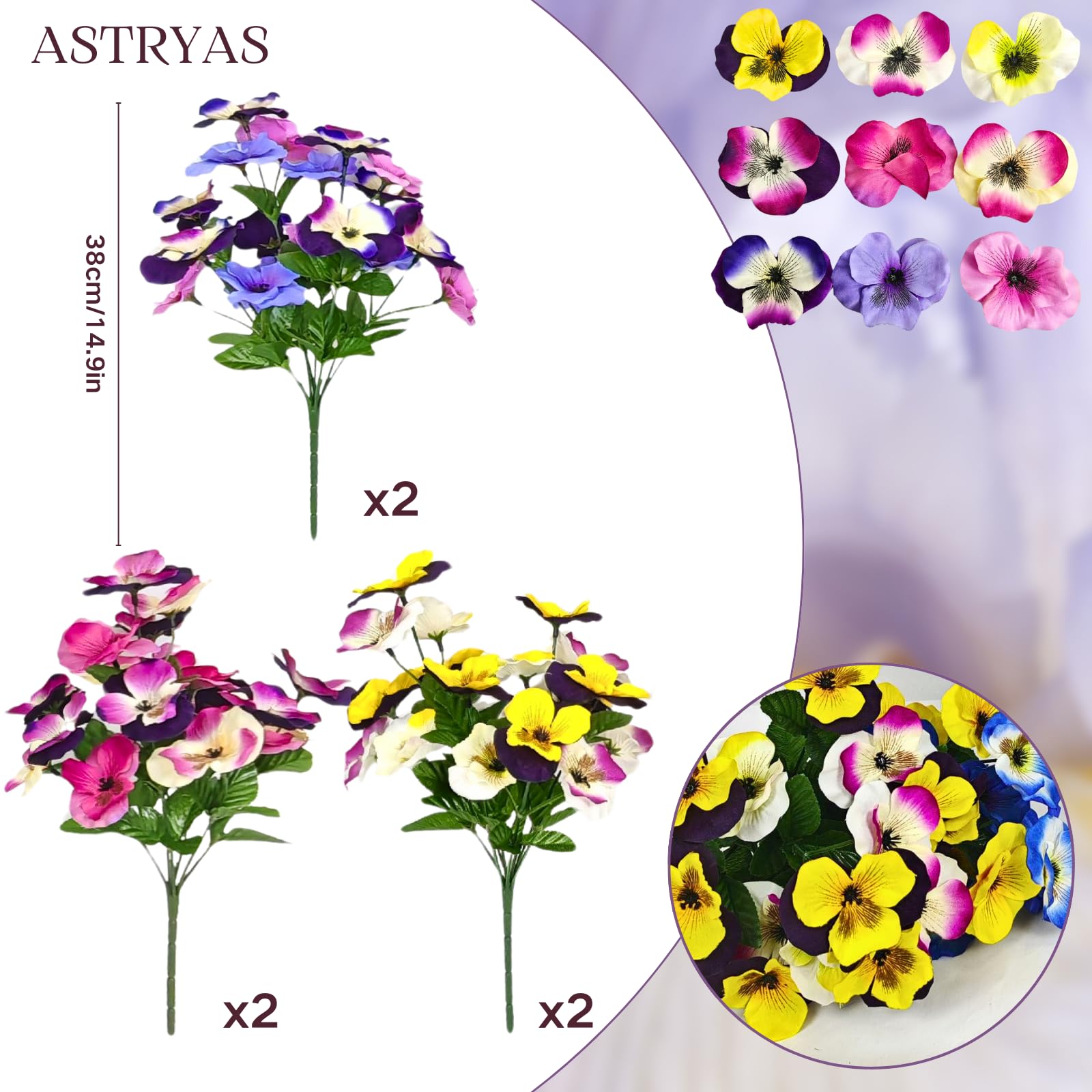 ASTRYAS Künstliche Blumen für den Außenbereich, künstliche Stiefmütterchen, kleine Wildblume, Seiden-Stiefmütterchen, Blumen für Frühlingsdekoration, Pflanzgefäße, Zuhause, Garten, Beete im Freien (6,