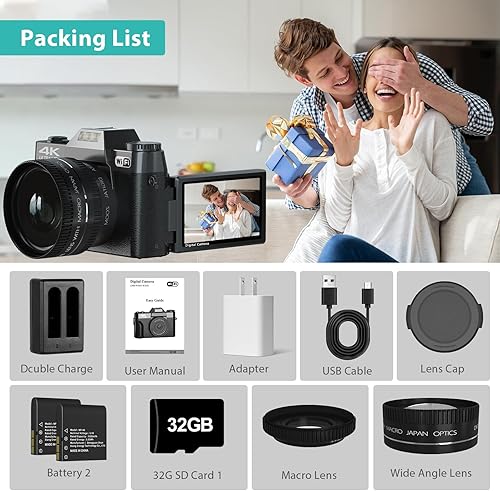 Miniatura 2 de Cámara digital 4K para fotografía y videoblogs, cámara de 56 megapíxeles para YouTube con WiFi, pantalla giratoria de 3" 180°, zoom digital 16X